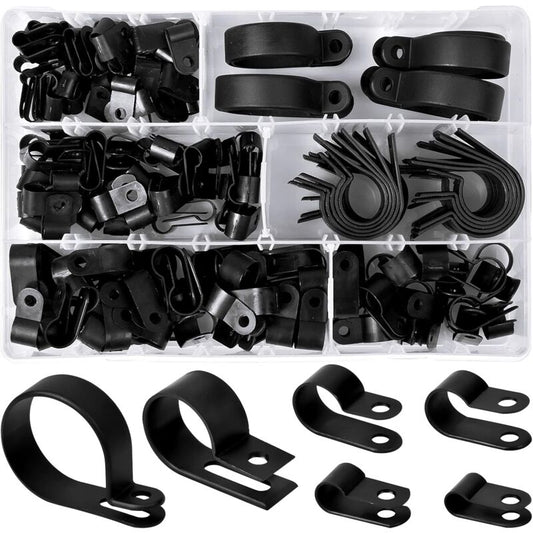 200 pcs Nylon Plastic R Clips Tube Clamps, 6 Sizes 3/16'' 1/4'' 3/8'' 1/2'' 3/4'' 11/8'' Fasteners For Conduit, Cable,
