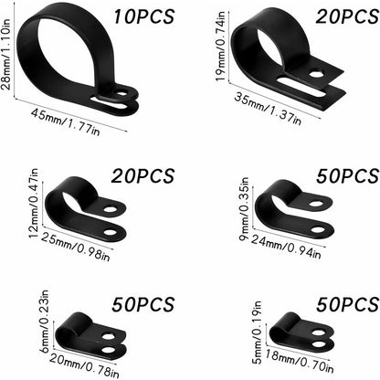 200 pcs Nylon Plastic R Clips Tube Clamps, 6 Sizes 3/16'' 1/4'' 3/8'' 1/2'' 3/4'' 11/8'' Fasteners For Conduit, Cable,