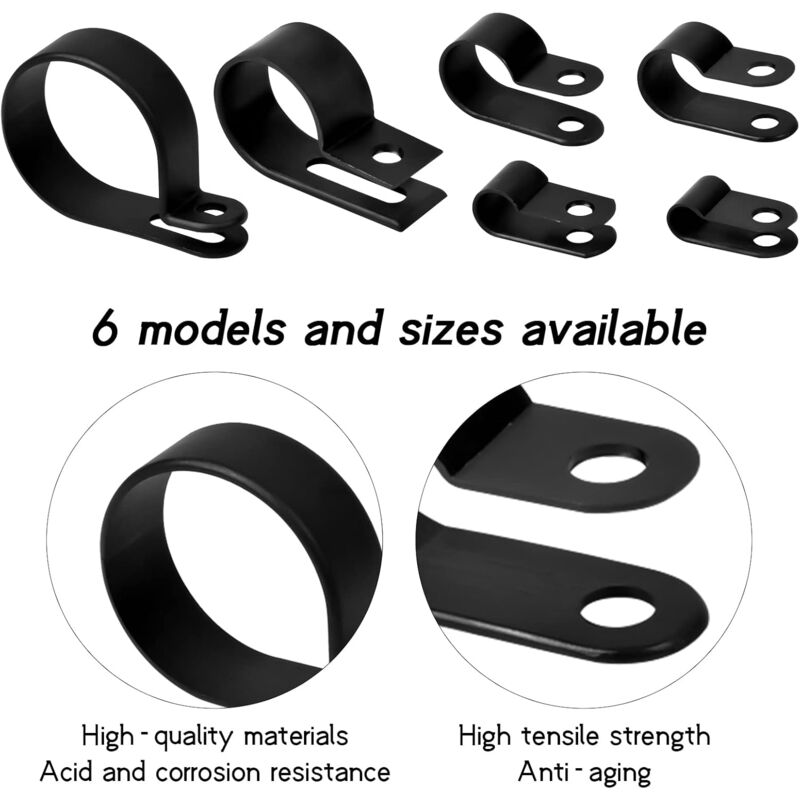 200 pcs Nylon Plastic R Clips Tube Clamps, 6 Sizes 3/16'' 1/4'' 3/8'' 1/2'' 3/4'' 11/8'' Fasteners For Conduit, Cable,
