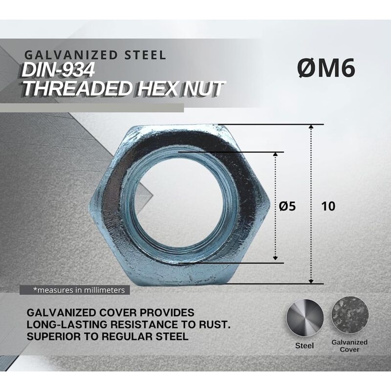 Nut 50 Hexagonal Nut M6 5Mm X 10Mm Galvanized Steel Din 934 Nut M6 For Bolts And Nuts, Coupling Elements, Adjustment