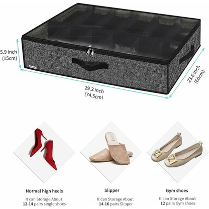 2 Pack Shoe Storage Bag With Clear Window - 12 Compartment Shoe Organizer For Under Bed Storage, Black Linen Fabric