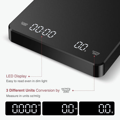 Coffee Scale - Digital Coffee Scale with Timer - Rechargeable for Filter Coffee, 3 kg / 0 g Digital Espresso Scale - with Peeling Function - 3 Units, LED Display - Black