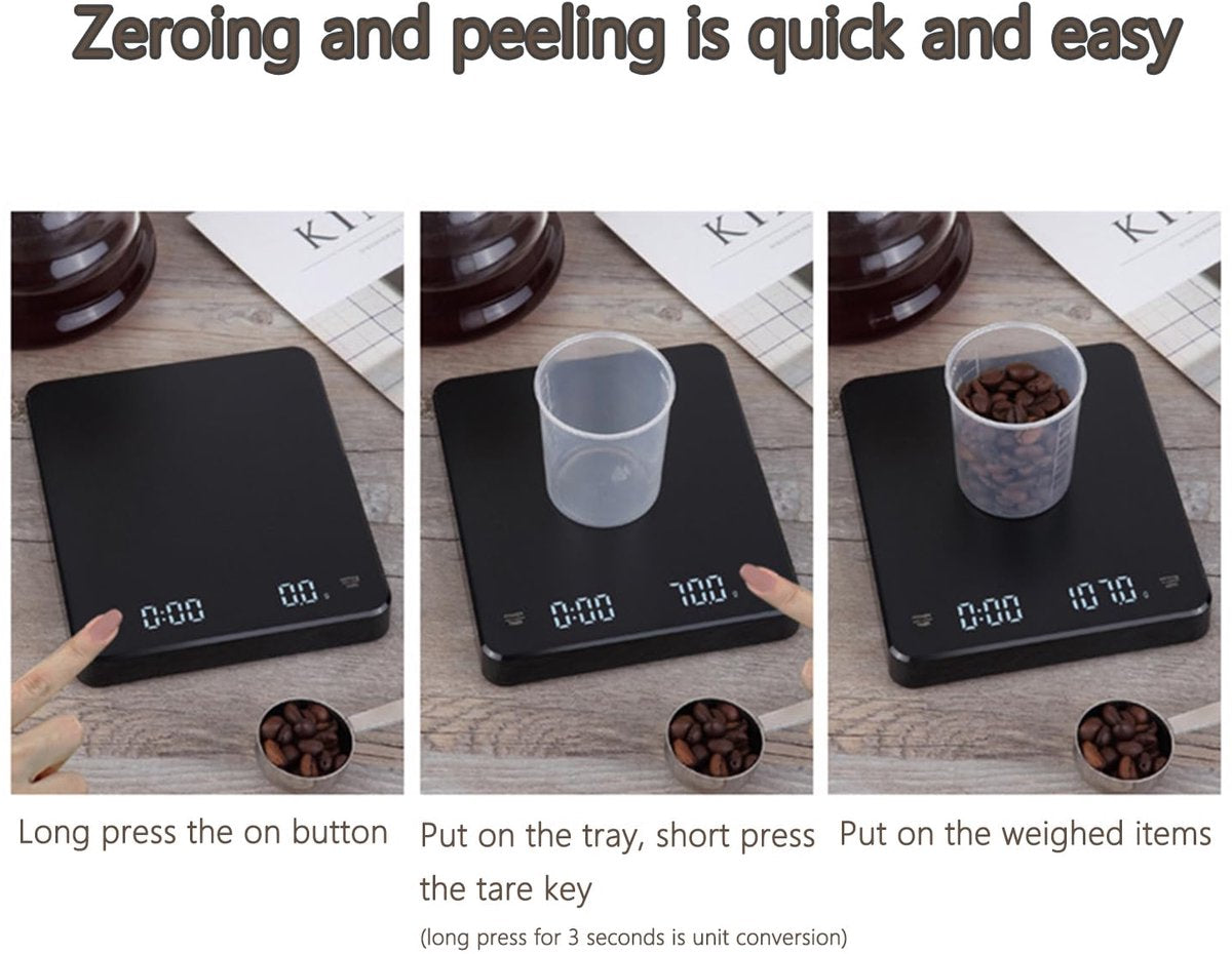 Precision Scale - Barista Scale - Coffee Scale with Timer - Small 3 kg / 0 g Coffee Scale with Gravity Sensor - Rechargeable Kitchen Scale - Barista Essential - High Precision - Black