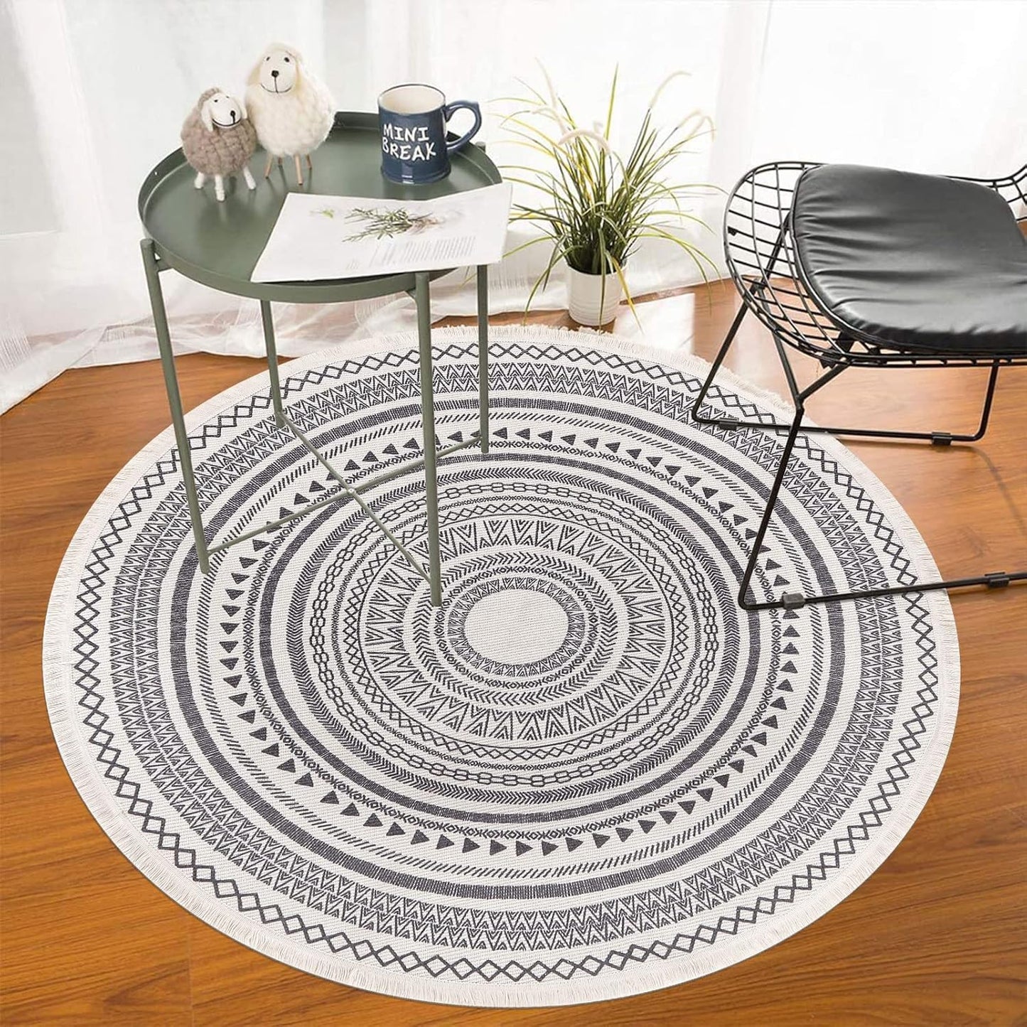 Moroccan Style Grey Round Woven Cotton Washable Absorbent Rug 120cm with Fringes