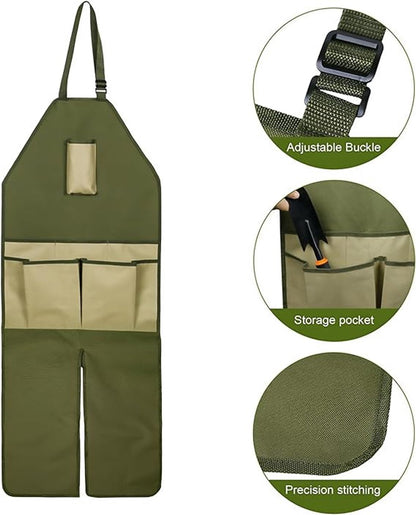 One-Piece Garden Apron - Men's Apron - Harvest Apron with Pockets - Waterproof - Adjustable, Knee-Reinforced - Suitable for Mowing and Grass Trimming (Green + Khaki)