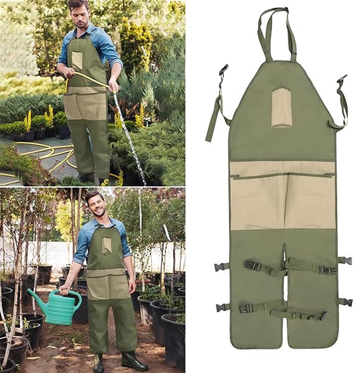 One-Piece Garden Apron - Men's Apron - Harvest Apron with Pockets - Waterproof - Adjustable, Knee-Reinforced - Suitable for Mowing and Grass Trimming (Green + Khaki)