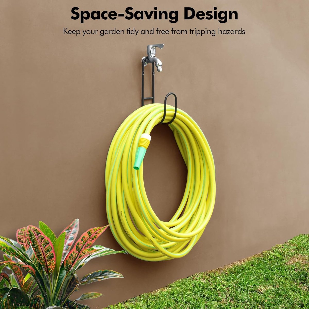 Garden Hose Hanging System - Wall Mount for Neat Storage - Stainless Steel Frame - Black