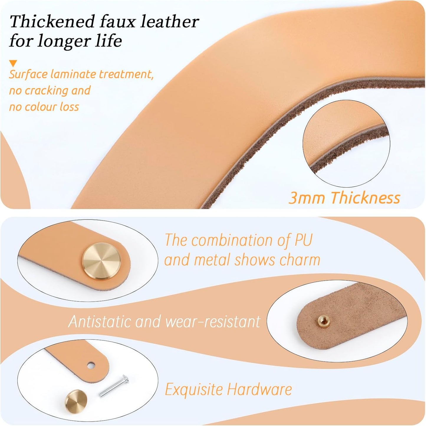 Leather Handles - Furniture Handles - Kitchen Handles - Door Handles - Cabinet Handles - Drawer Knobs - Furniture Hardware - Kitchen Hardware - Handles - Leather - Leather - Kitchen Renovation - Scandinavian - Brass - Pitch 128mm - Handles - Ivory - Set o
