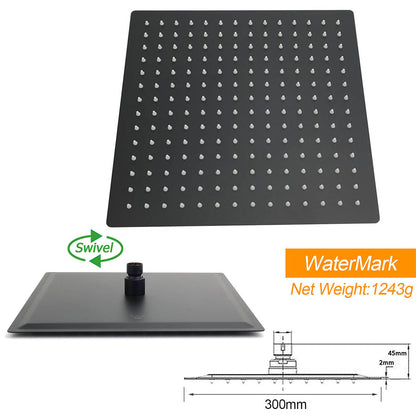 Matt Black 12" Square Large Thin Rain Shower Head Brass Gooseneck Wall Arm Watermark