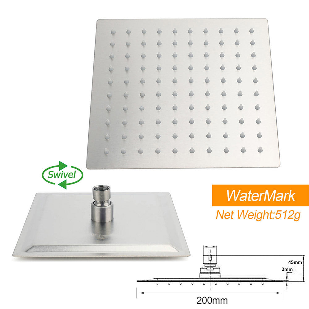 Brushed Nickel Silver Square 8" Rain Shower Head & Brass Gooseneck Wall Arm Set
