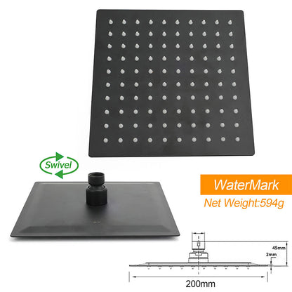 WELS Matt Black 8" Shower Head 3 Modes Handheld Gooseneck Arm Square 2in1 Set Twin Taps