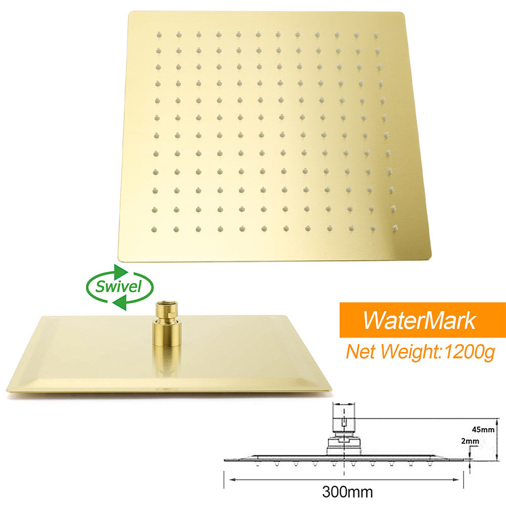 Brushed Gold Twin Shower 12" Rainfall Head Handheld Diverter Wall Arm Set Square
