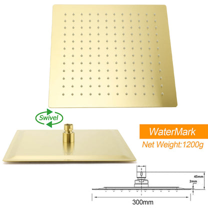Brushed Gold Twin Shower 12" Rainfall Head Handheld Diverter Wall Arm Set Square