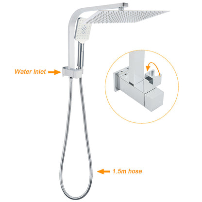 WELS Square Twin Shower Head Chrome 12 inch 3 Mode Handheld Diverter Wall Arm Set