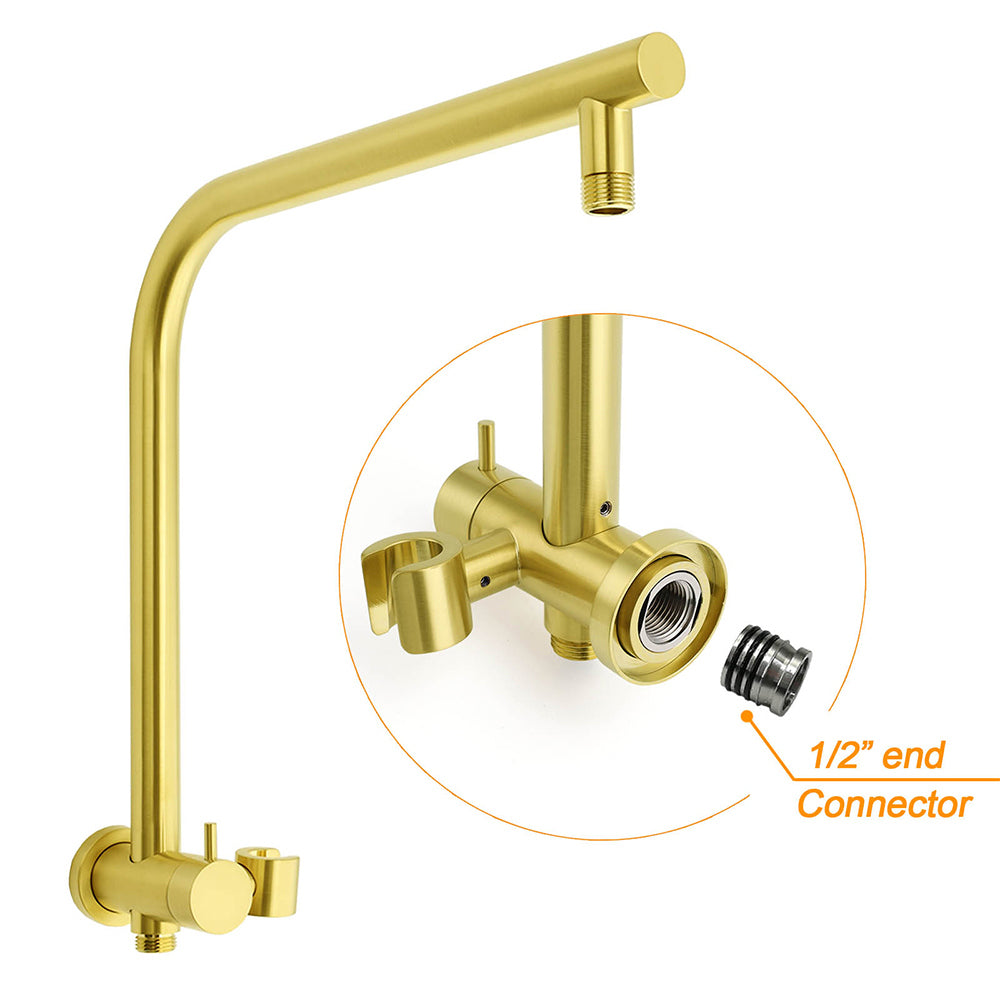 Brushed Gold Round Large 12" Rain Shower Head 3 Mode Handheld Gooseneck Arm Twin Taps Set