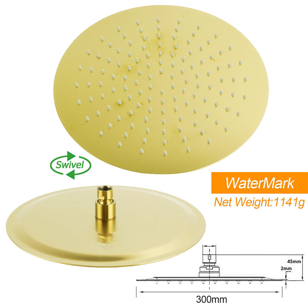 Brushed Gold 2in1 Round Large 12" Rain Shower Head 3 Mode Handheld Wall Arm Bath Mixer