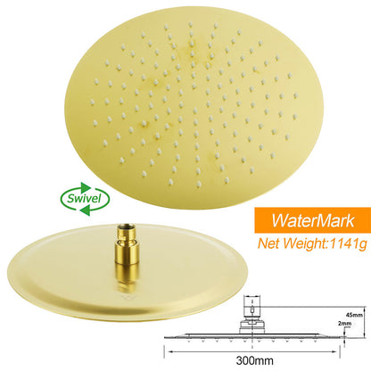 Brushed Gold 2in1 Round Large 12" Rain Shower Head 3 Mode Handheld Wall Arm Bath Mixer