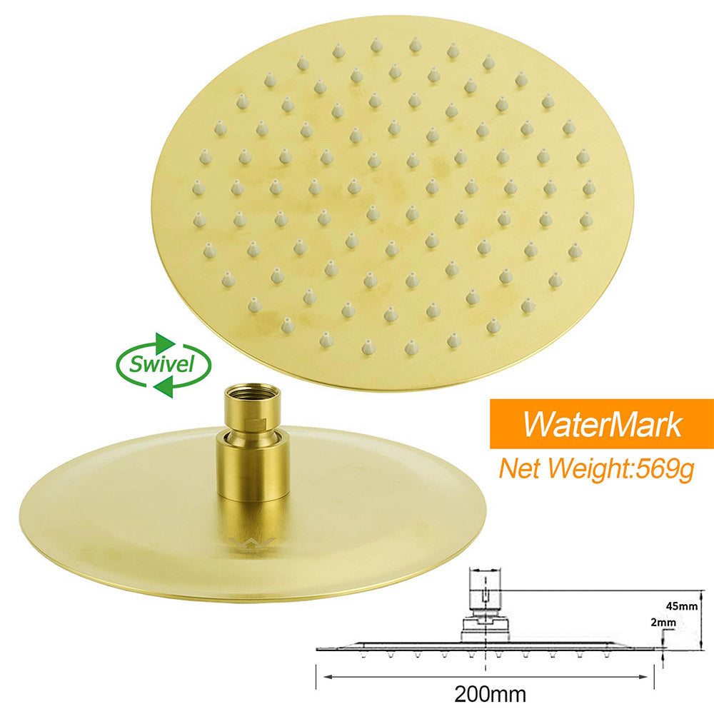 WELS Brushed Gold Round Twin Shower Head Set Diverter Wall Arm Metal Handheld With Mixer