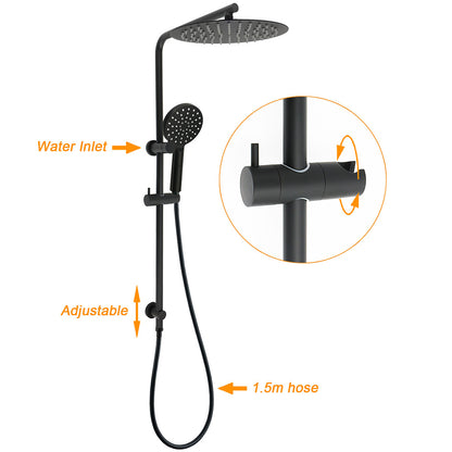 Matt Black Dual Shower 12" Large Shower Rain Head + Handheld Silde Wall Rail Twin Taps Set