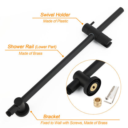 Matt Black Dual Shower 12" Large Shower Rain Head + Handheld Silde Wall Rail Twin Taps Set