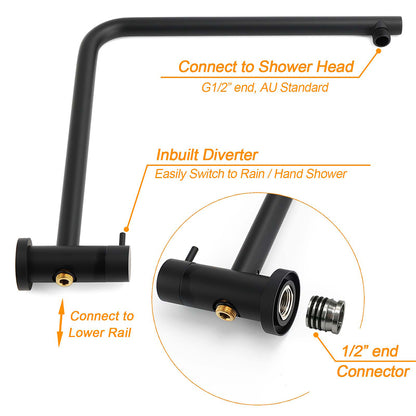 WELS Matt Black Shower Set 12" Large Rain Head Handheld Sliding Rail Arm Round Mixer