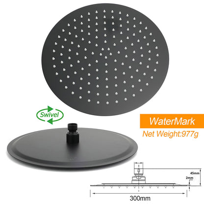 WELS Matt Black Shower Set 12" Large Rain Head Handheld Sliding Rail Arm Round Mixer