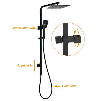 Matt Black Dual Shower Square 10" Rain Head 3 Modes Handheld Brass Silde Rail Mixer Set