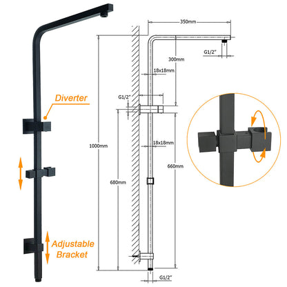 Matt Black Dual Shower Square 10" Rain Head 3 Modes Handheld Brass Silde Rail Mixer Set