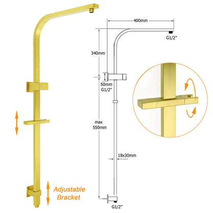 Brushed Gold 2in1 Set 8" Square Rain Shower Head 3 Modes Handheld Silde Rail Arm Twin Taps