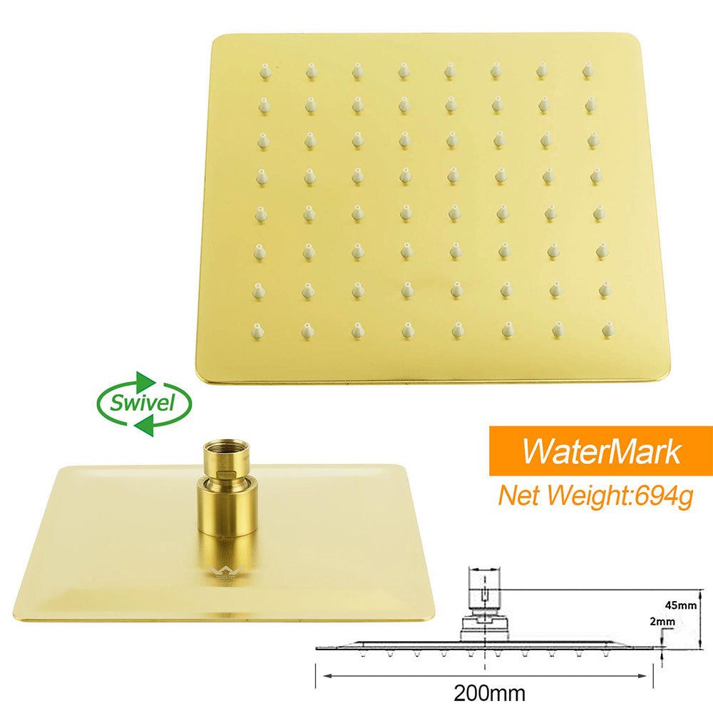 Brushed Gold 2in1 Set 8" Square Rain Shower Head 3 Modes Handheld Silde Rail Arm Twin Taps
