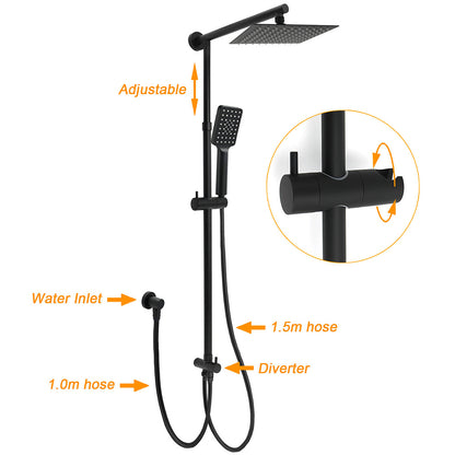 Matt Black 2in1 Set 8" Square Thin Shower Head Handheld Adjustable Silding Rail Twin Taps