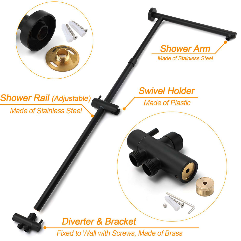 Matt Black 2in1 Set 8" Square Thin Shower Head Handheld Adjustable Silding Rail Twin Taps