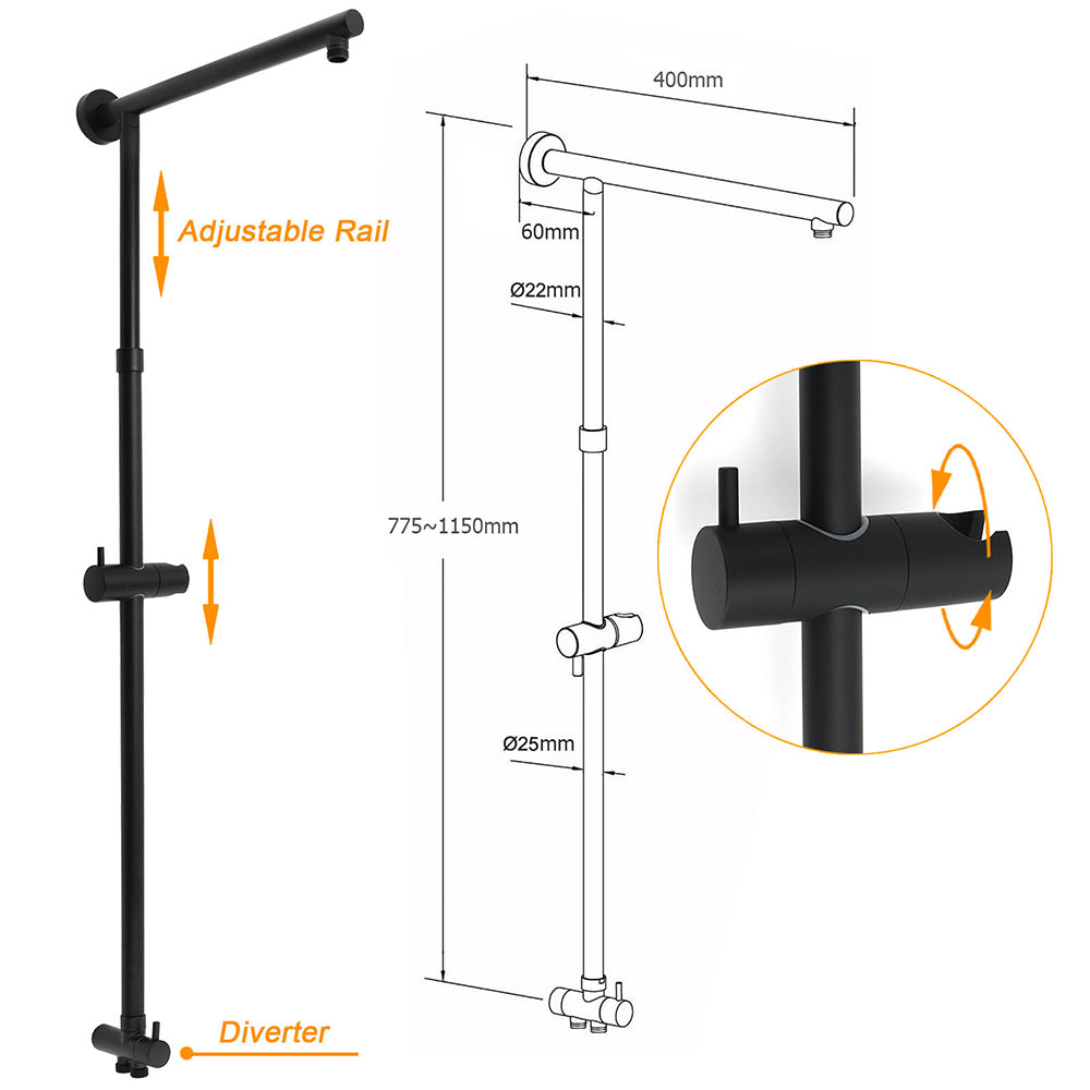Matt Black 2in1 Set 8" Square Thin Shower Head Handheld Adjustable Silding Rail Mixer