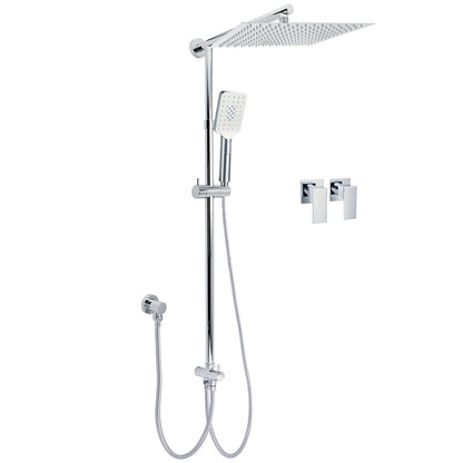 Double Square Shower Head 12" Rain Rose + 3 Modes Handheld Diverter Rail Arm Taps Set