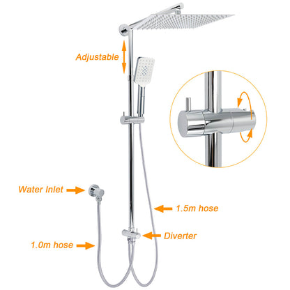 Double Square Shower Head 12" Rain Rose + 3 Modes Handheld Diverter Rail Arm Taps Set