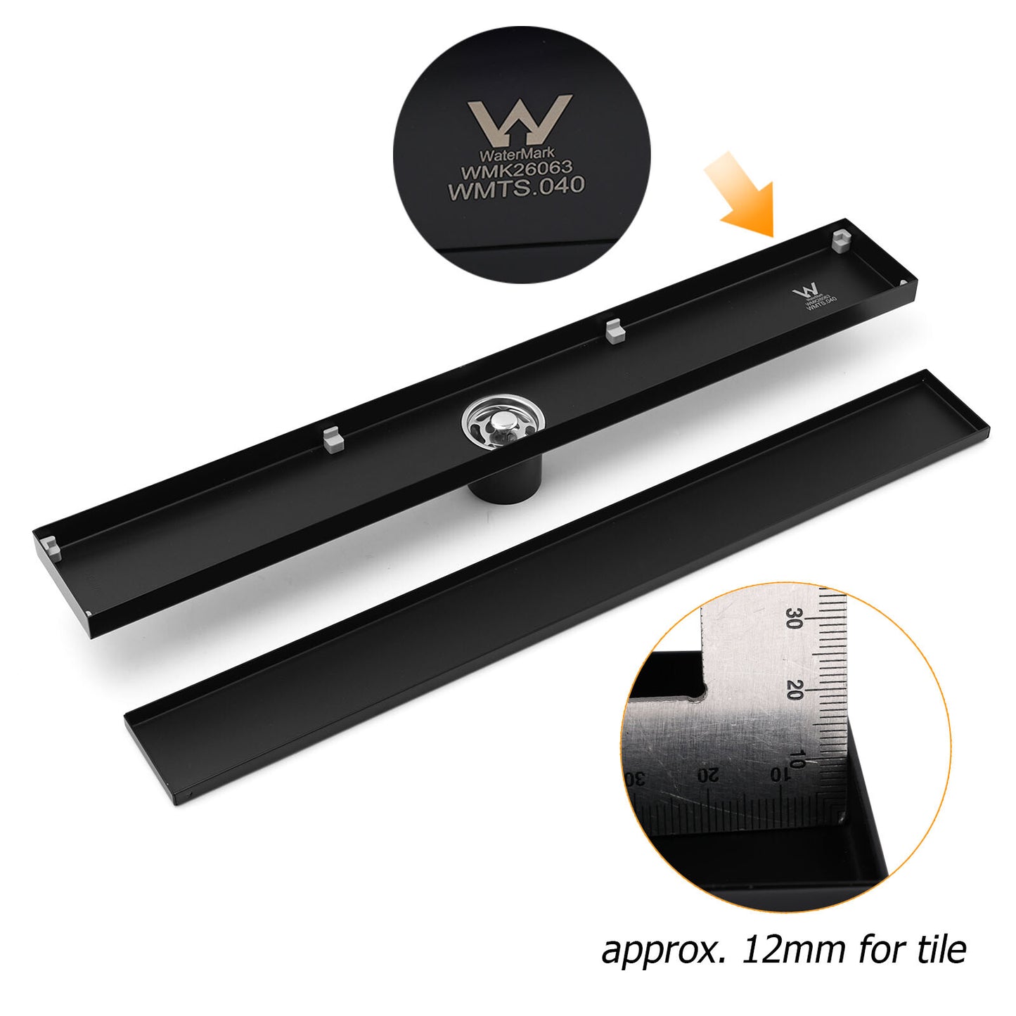 Matt Black 600mm Tile Insert Linear Shower Grate Floor Drain 50mm Waste Outlet
