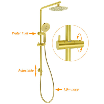 Brushed Gold Dual Shower Set 8" Round Head 3 Modes Handheld Sliding Rail Arm Twin Taps