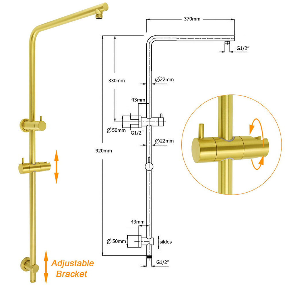 WELS Brushed Gold 2in1 Shower Large Round 12" Rain Head Handheld Silde Wall Rail Arm Twin Taps