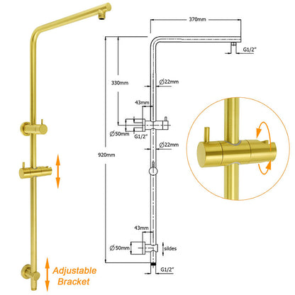 Brushed Gold Twin Shower Large Round 12" Rain Head Handheld Rose Silde Wall Rail Arm Small Face Mixer