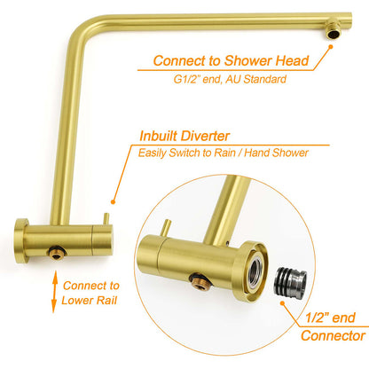 Brushed Gold Twin Shower Large Round 12" Rain Head Handheld Rose Silde Wall Rail Arm Small Face Mixer