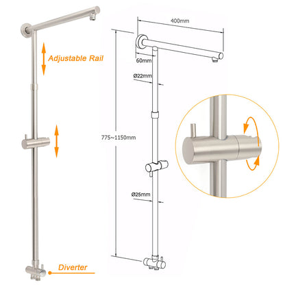Brushed Nickel 2in1 Round 8inch Stainless Steel Rain Head Shower Handheld Sliding Rail Arm Set