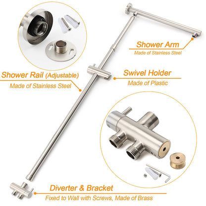 Brushed Nickel Dual Round 12" Stainless Steel Rain Shower Head Metal Handheld Sliding Rail Arm Set