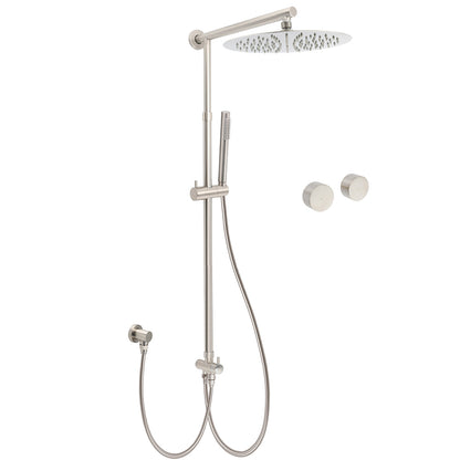 Brushed Nickel Round 12" SUS Rain Head Metal Handheld Shower Sliding Rail Arm Chrome Set + Twin Taps