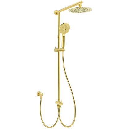 WELS Brushed Gold Twin Shower 8" Round Head Set 3 Mode Handheld Rose Sliding Rail Arm