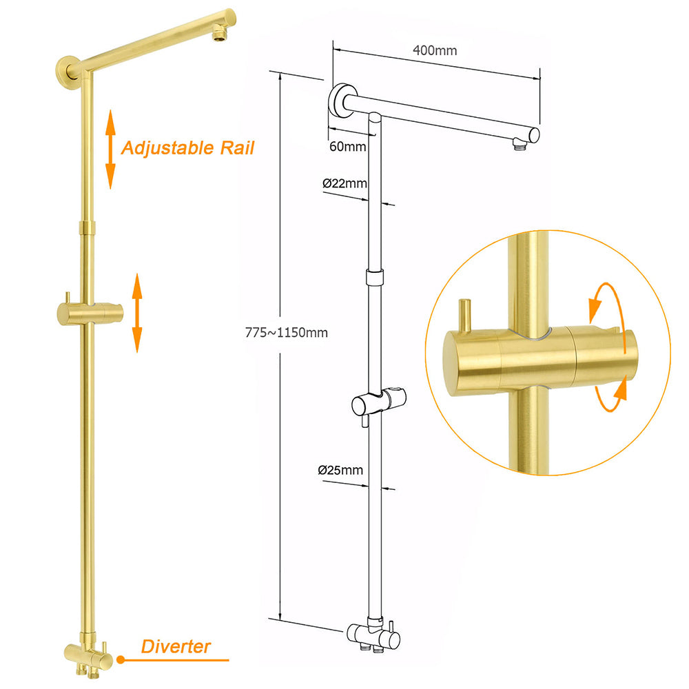 WELS Brushed Gold Twin Shower 8" Round Head Set 3 Mode Handheld Rose Sliding Rail Arm