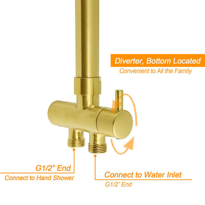 WELS Brushed Gold Twin Shower 8" Round Head Set 3 Mode Handheld Rose Sliding Rail Arm