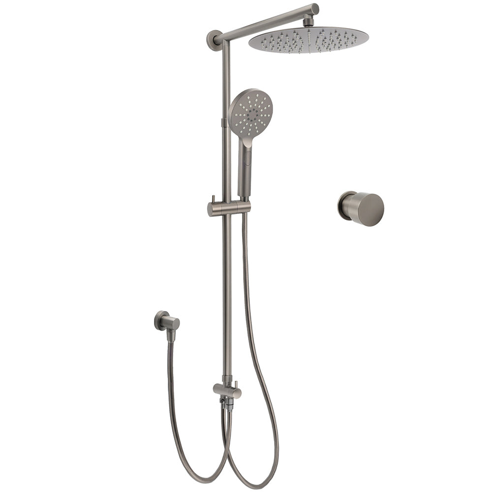 WELS Gun Metal Dual Round Shower 10" Rain Head 3 Mode Handheld Sliding Rail Arm Mixer Set