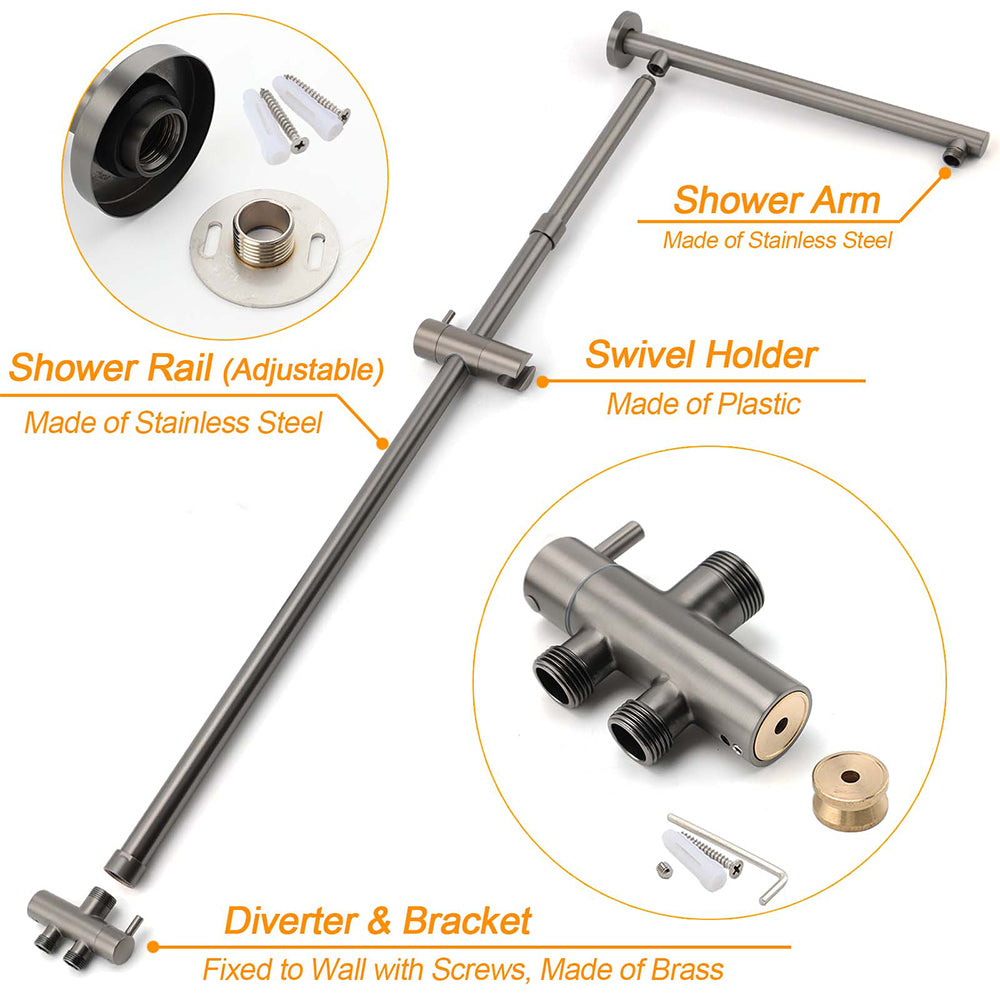 Gun Metal Round Shower 2in1 Set 10" Rain Head 3 Modes Handheld Sliding Rail Small Face Mixer