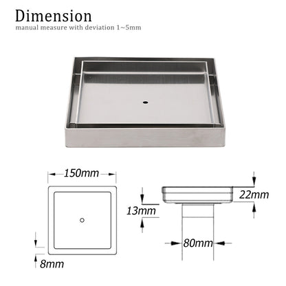 Square 150x150mm Tile Insert Floor Drain 80mm Waste Stainless Steel Shower Grate