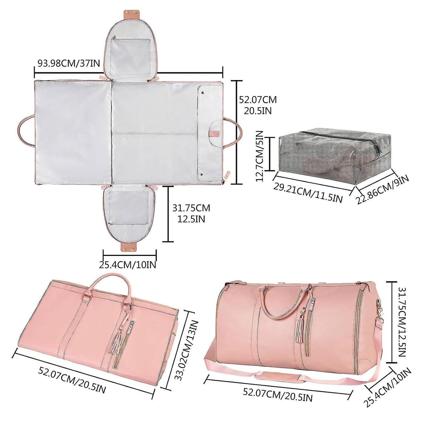 2-in-1 Foldable PU Leather Travel Bag, Convertible Suitcase, Travel Garment Bag for Women White